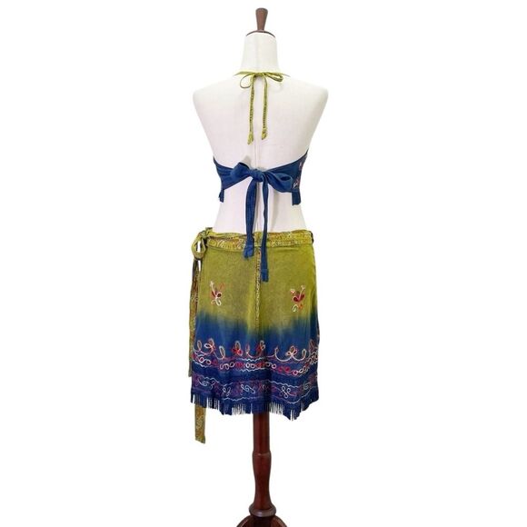 Flower Tie Dye Crop Top Wrap Skirt Set Free Size Boho Festival India Blue Green - Picture 4 of 10